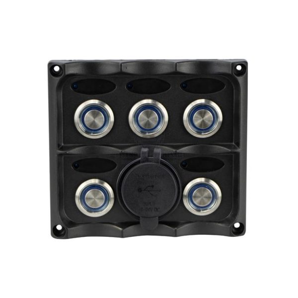 Relaxn Switch Panels - Splashproof S/S Push Button - 5 Switch with USB